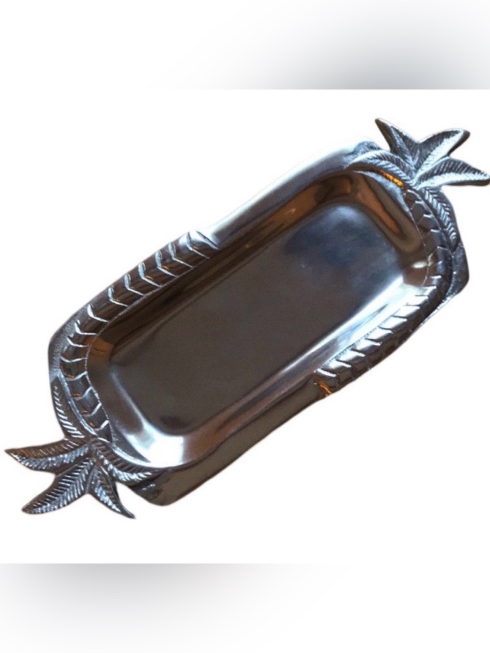 Silver tone metal palm tree catch all tray 5”X14”